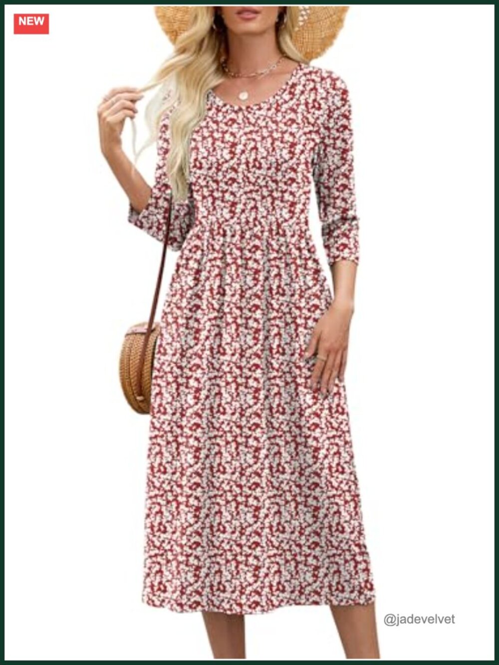 3/4 Sleeve Midi A-Line Dress with Pockets Knee Length Floral Casual